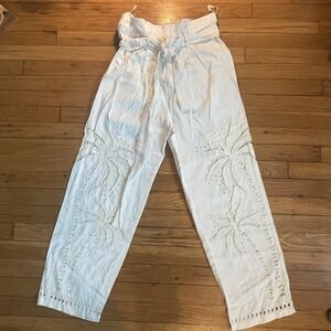 Farm Rio Medium Ivory Palm Crochet High Waist Pants Belt Pockets Resort Summer